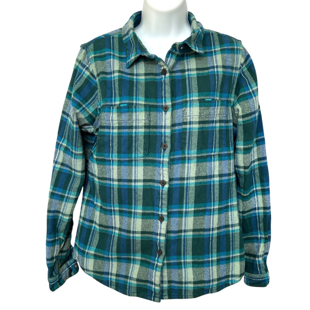 Cotopaxi Heavy Fleece Shirt Blue Green Plaid Size S 100% Cotton Chest Pockets